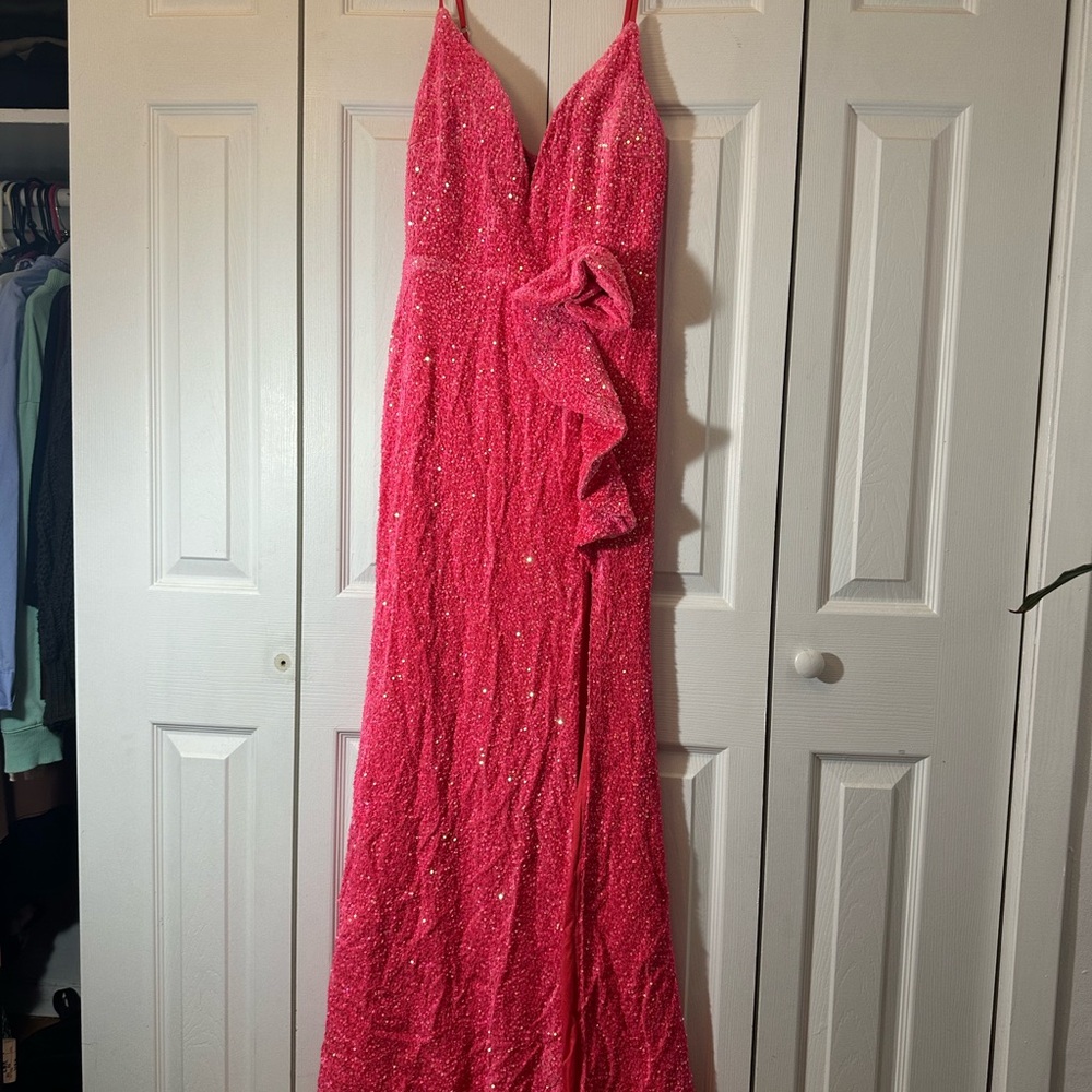 Fashion Nova Hot Pink Sequin Prom Gown with Ruffle Detail